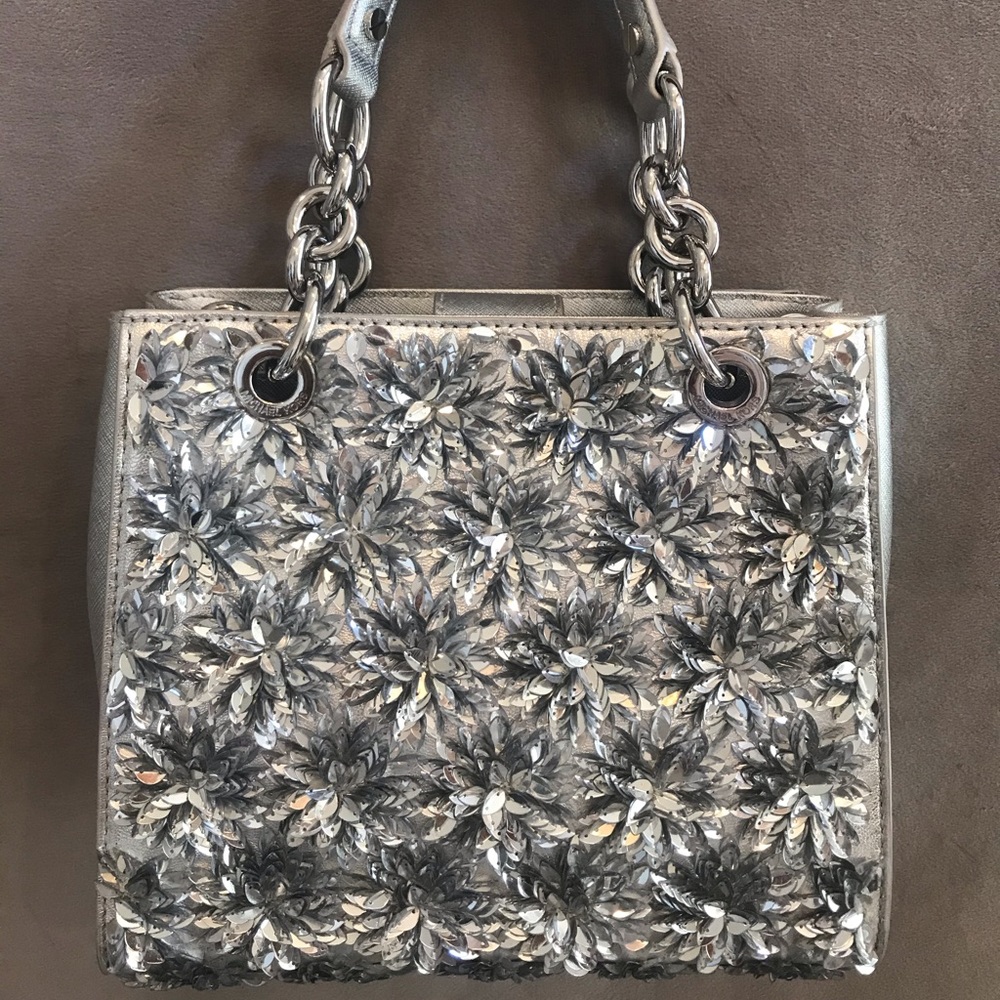 Michael Kors Flora Burst Silver Leather Satchel